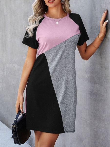 

color block raglan sleeve tee dress h8o2#, Black;gray