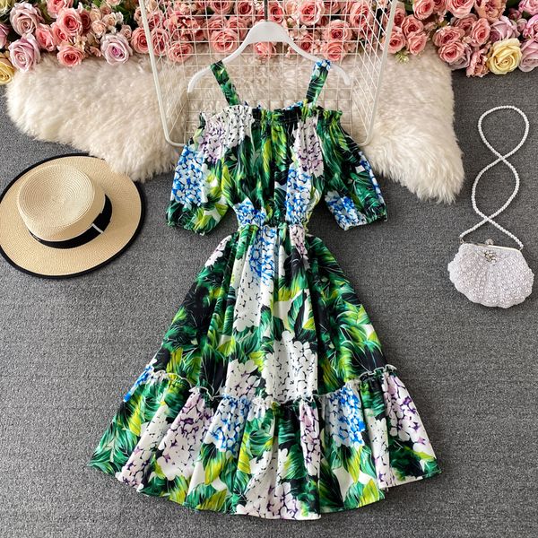 

summer runway hydrangea floral printed green strapghetti strap dress women beach boho puff sleeve knee length dress 2022, Black;gray