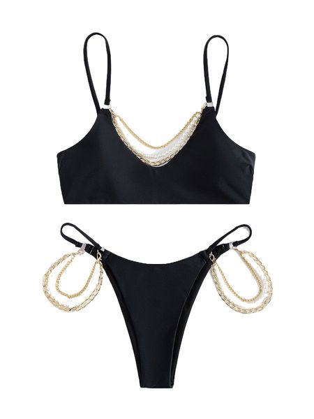 

solid chain decor bikini swimsuit g2mo#, White;black