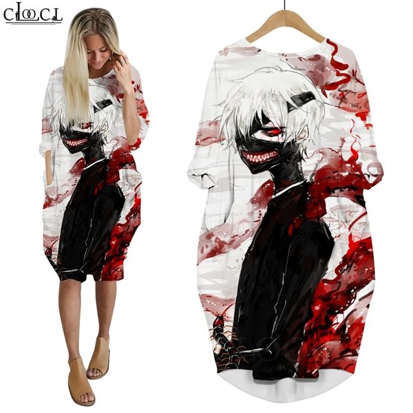 

women dress tokyo ghoul anime 3d printed loose daughter dresses long sleeve large size fashion pocket female dress w220616, Black;gray