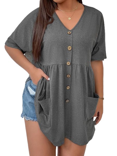 

plus button front dual pockets babydoll tee 44rb#, Black