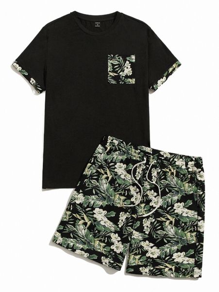 

men tropical print tee & drawstring waist shorts set v6yo#, Gray