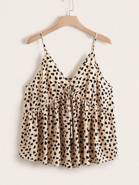 

plus heart print knot front cami 11o9#, Black