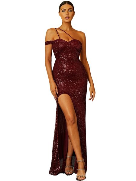 

missord one shoulder slit thigh mermaid hem sequin formal dress m3lt#, Black;gray