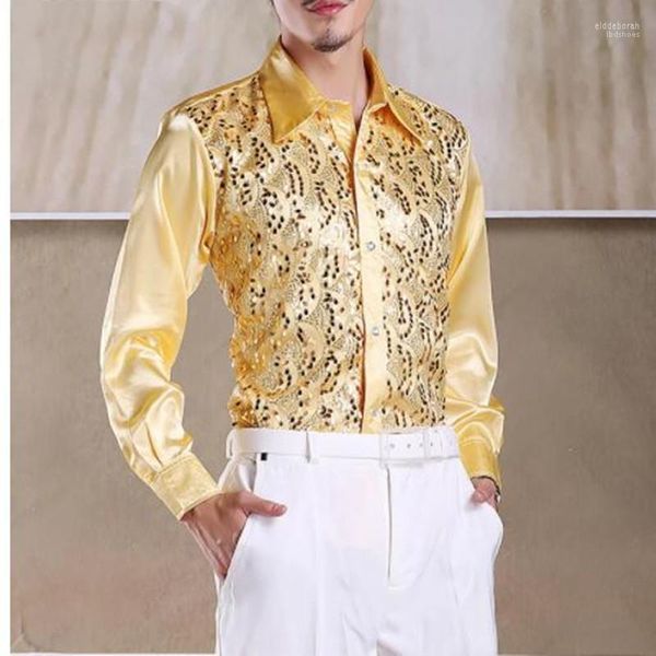 Camicie casual da uomo Camicia a maniche lunghe con paillettes glitter oro lucido Uomo 2022 Fashion Nightclub Party Stage Chorus For Chemise HommeMen's Eldd22