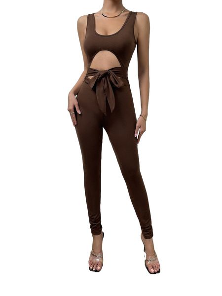 

cut out knot front unitard jumpsuit o2vf#, Black;white