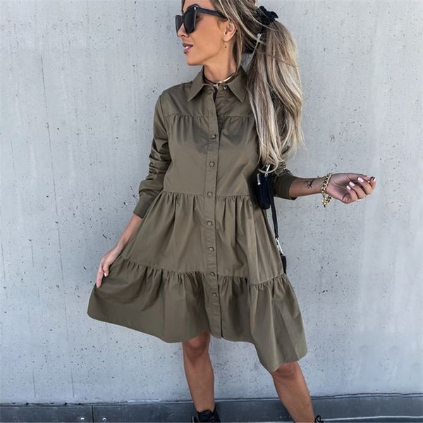 

women spring casual shirt dress long sleeve loose fashion ruffle a line female elegant office ladies mini es 220518, Black;gray
