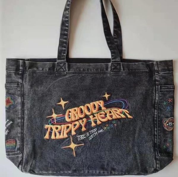 

denim smoke grey embroidered casual large capacity canvas bag zipper shopping bag