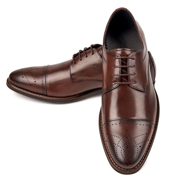 

casual mens leather cap toe brown lace up derby shoes for office business, Black