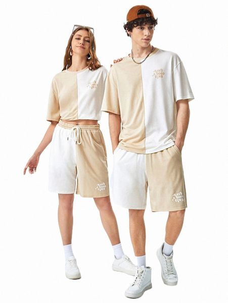 

1pc slogan graphic tee & 1pc shorts 33ew#, Gray