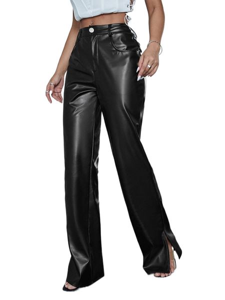 

split hem straight leg pu leather pants g1pk#, Black;white
