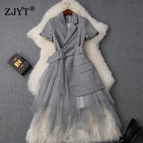 

fashion runway designer summer dres clothes elegant ol notched collar blazer patchwork tulle party office dress y200102, White;black