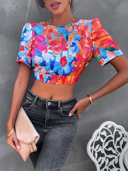 

floral print tie backless crop blouse y3re#, White