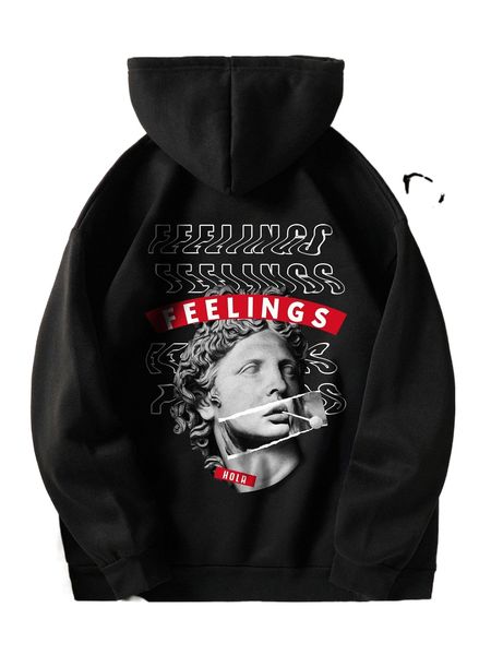 

figure & letter graphic drawstring thermal lined hoodie v5pn#, Black