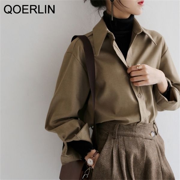 

coffee blouse women spring autumn casual solid color long sleeve shirt women korean loose shirt ol style workwear plus size s-xl 220419, White
