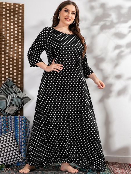 

plus polka dot print maxi tunic dress a261#, Black