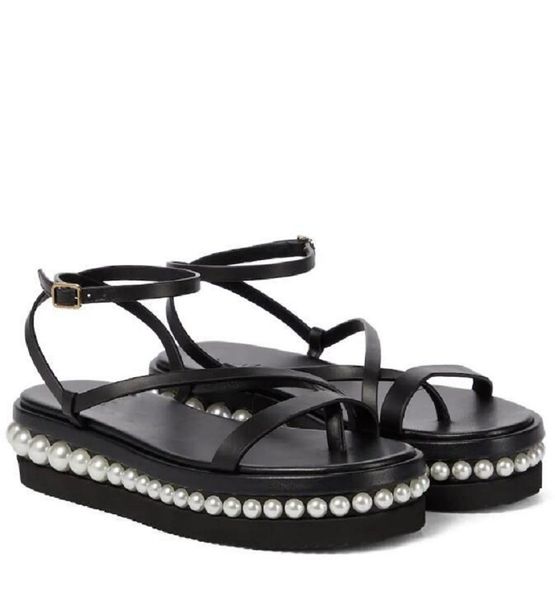

[originals box] pine sandals shoes women platform wedges flat latte vachetta leather black white pearl embellishment comfort working wedding