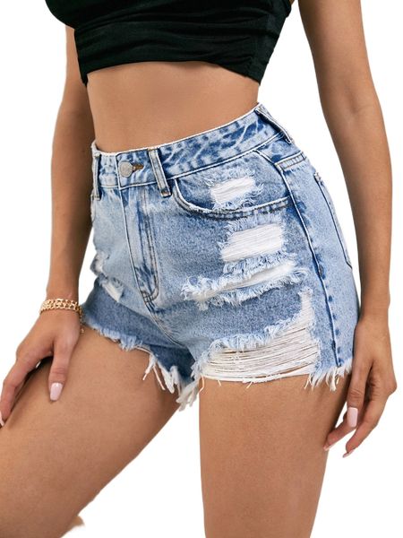 

high waist ripped raw hem denim shorts 564y#, White;black