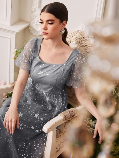 

sequins detail ruffle hem mesh dress z07g#, Black;gray