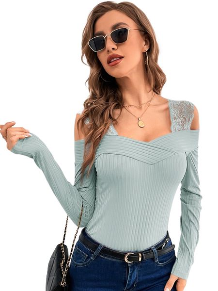 

contrast lace cold shoulder tee n3yc#, White