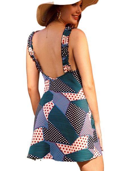 

striped & polka dot print frill trim dress j0ix#, Black;gray