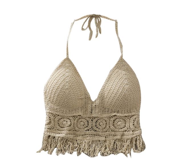 

crop retro wild hollow perspective tassel spaghetti strap tanke women built in bra 2022 new back lace halter neck, White