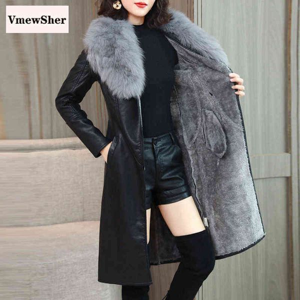 VmewSher Giacca in pelle da donna invernale Collo in pelliccia grande Nuovo velluto foderato in peluche Cintura sottile calda Cappotto lungo in pelle Capispalla femminile M-4XL L220728