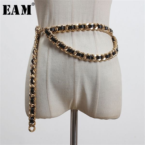 

[eam] pu leather black metal chain split joint long belt personality women fashion all-match spring 1t186 220321, Black;brown