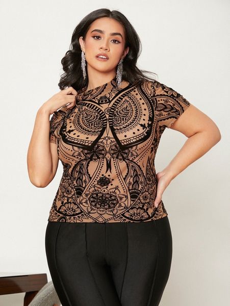 

plus paisley & polka dot print mesh panel n1mp#, Black