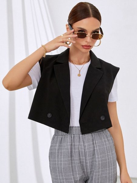 

shoulder pad lapel neck double button blazer j7l8#, White