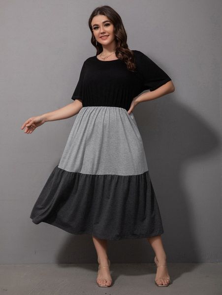 

plus colorblock ruffle hem dress t9vx#, Black