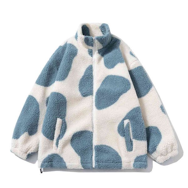 

autumn and winter lambskin jacket men's fashion couple loose stand collar sweater women's casual, Black