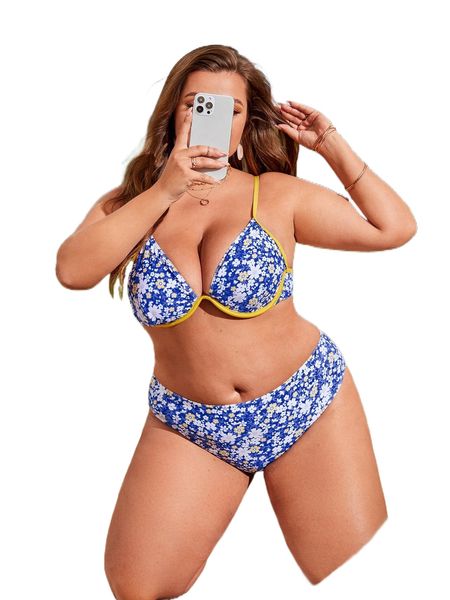 

plus ditsy floral push up bikini swimsuit p47r#, White;black