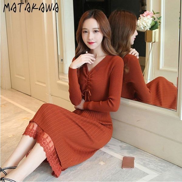 

longsleeved lace stitching midi knitted dresses women autumn and winter vneck bottoming sweater dress 210506, Black;gray