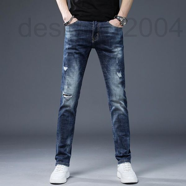 

men's jeans designer light luxury boutique men's jeans 2022 spring and summer thin slim fit small feet elastic fashion pants with, Blue