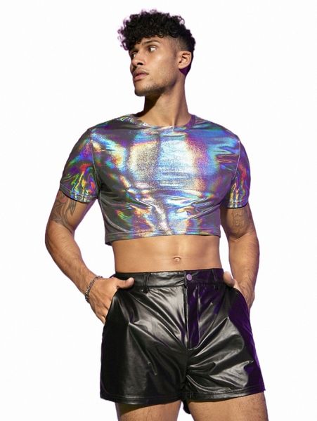 

men holographic crop metallic tee & shorts 58cd#, Gray