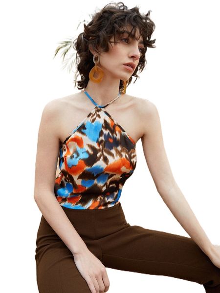 

tied open back tie dye satin halter s83p#, White