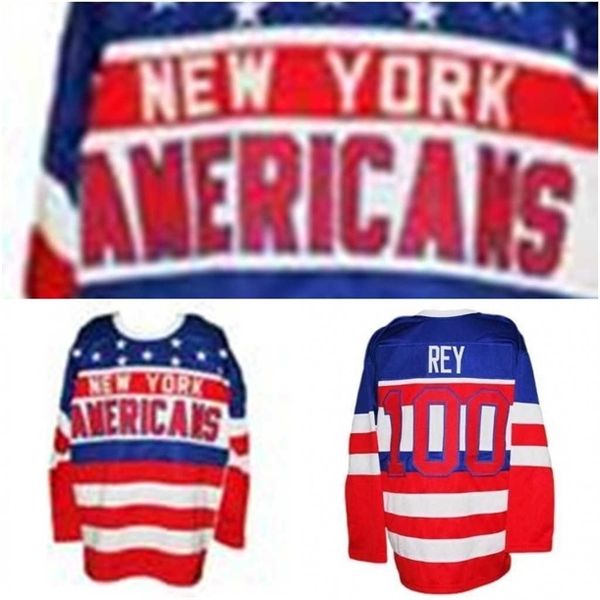 personalizzato Mens 100 rey tage New York Americans H Maglie Ricamo cucito di alta qualità Personalizza qualsiasi numero e nome Maglie da hockey