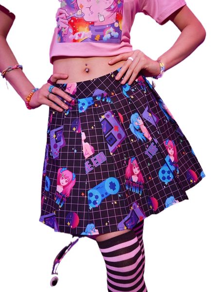 

romwe anime plaid figure print skirt n6lf#, Black