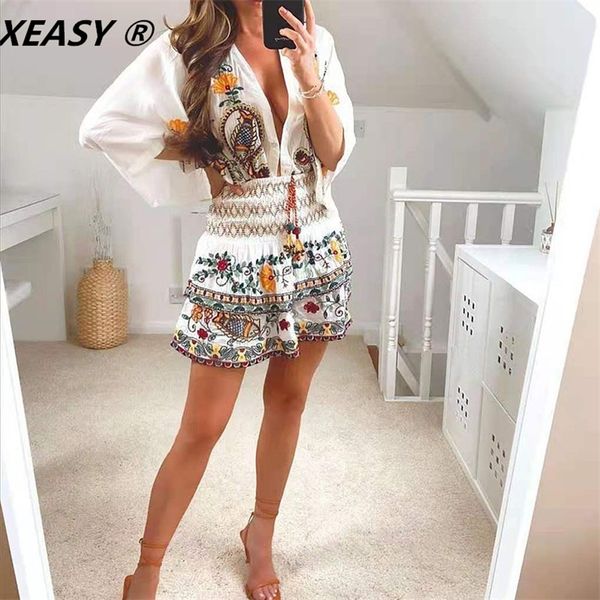 

xeasy women fashion 2-piece set vintage flowers batwing sleeve embroidered shirt female high waist mini skirt sweet suits 220509, White