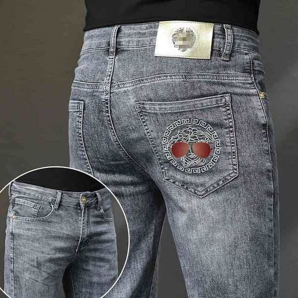 

men's jeans spring grey men's jeans korean leggings slim fit medusa embroidered long pants am4h, Blue