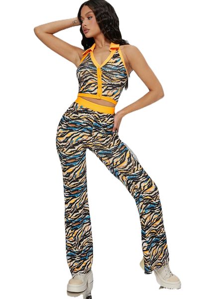 

x ji yeon lee tiger striped backless halter & flare leg pants k5ki#, White