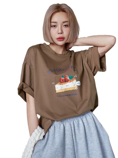 

dazy letter & cake print drop shoulder tee 192a#, White