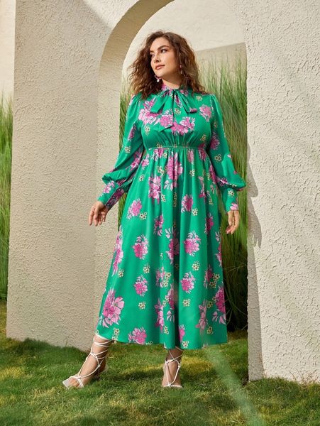 

plus floral print tie neck lantern sleeve dress i2rf#, Black