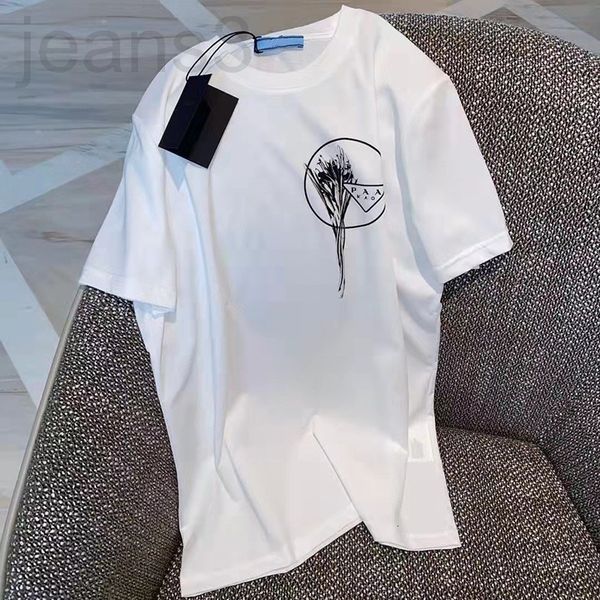 

women's t-shirt designer chaopai pra + 2022 summer new triangle letter leaf print round neck short sleeve women's simple loose t-s, White