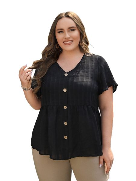 

emery rose plus button front peplum blouse 658c#, Black