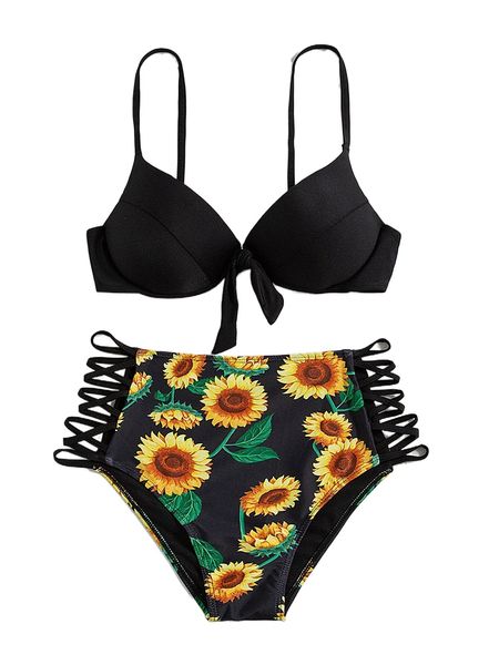 

sunflower print lattice push up bikini swimsuit k5ff#, White;black