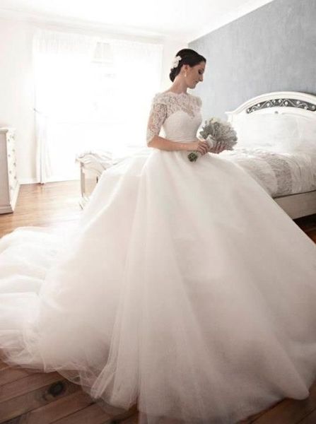 

luxury princess wedding dresses with lace sleeves bateau appliques empire bridal dresses muslim wedding gowns a line chapel train, White