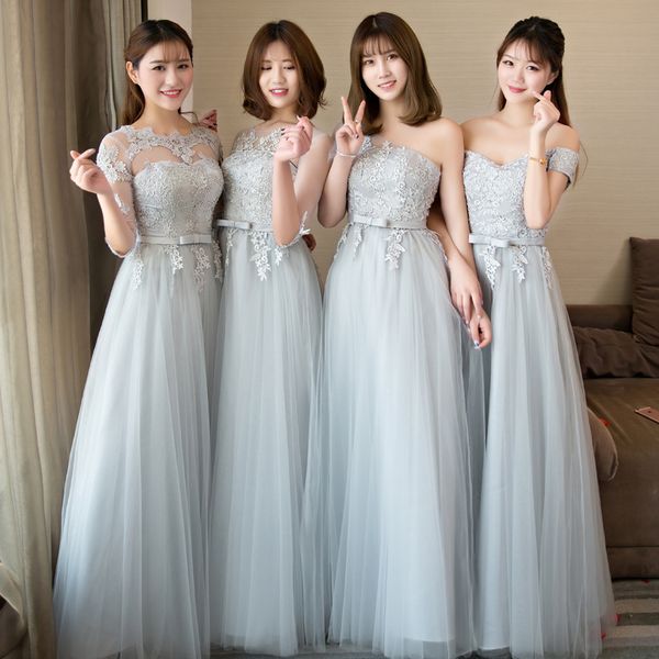 

elegant silver gray junior bridesmaid dresses lace appliqued wedding guest bridesmaids dress long sheer back zipper chiffon formal gow, White;pink