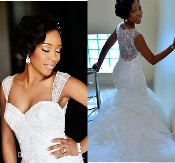 

modest mermaid wedding dresses see through ruffles appliques wedding dress custom made ruffles vestidos bridal gowns, White